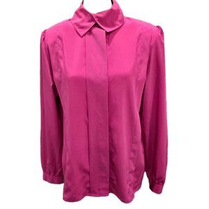 VTG 80s Josephine Pink Blouse 12 Long Sleeve Button Up Pleated Front Silky Korea